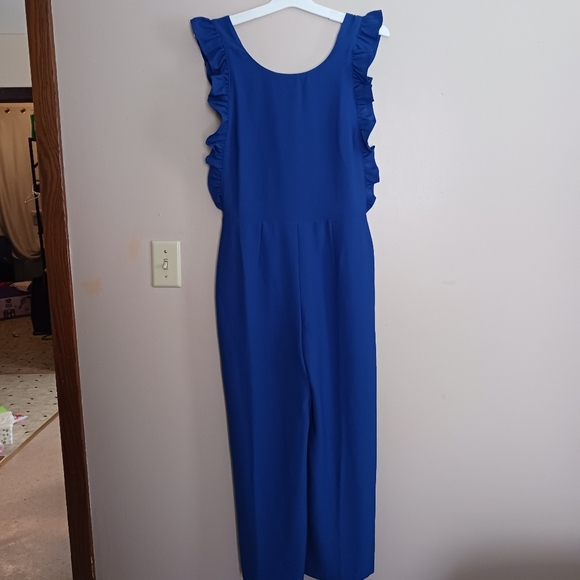 Free Press SZ Small Ruffle Sleeve Wide Leg Crop Pinafore Jumpsuit Blue Womens - Picture 3 of 10